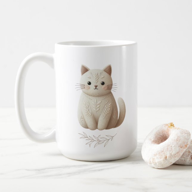Boho Embroidered Beige Kitty with Leaves Coffee Mug (With Donut)