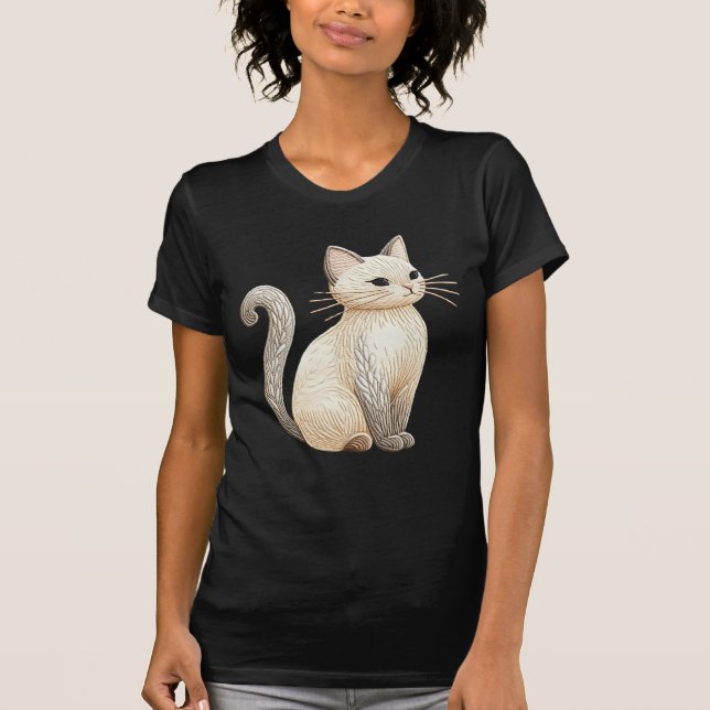 Boho Embroidered Cat Beige Kitty on Black Graphic  T-Shirt (Front)