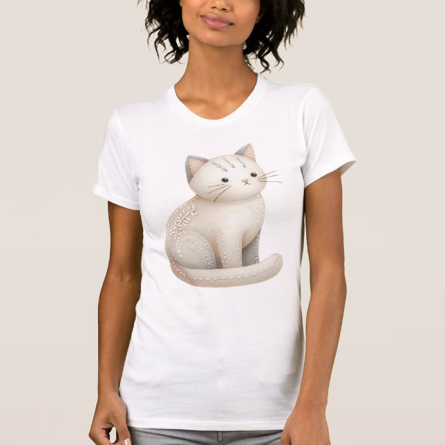 Boho Embroidered Cat T-Shirt Beige Kitty Tee (Front)