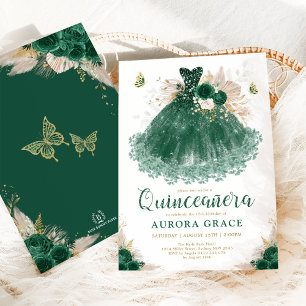 Boho Emerald Floral Quinceañera Princess Dress Invitation