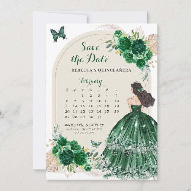 Boho Emerald Green 15 Años Save The Date Calendar Invitation (Front)