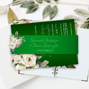 Boho Emerald Green Floral Wedding Invitation Belly Band
