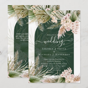 BOHO Emerald Green Pampas Grass Wedding Invitation