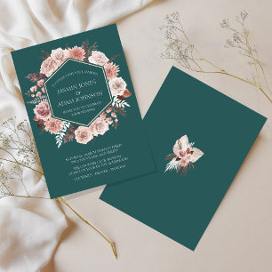 Boho Emerald Green Pink Floral Wreath Wedding Invitation