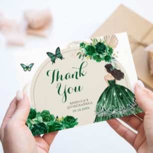 Boho Emerald Green Princess Quinceañera Thank You Card