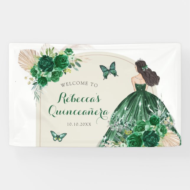 Boho Emerald Green Quinceañera Large Banner (Horizontal)