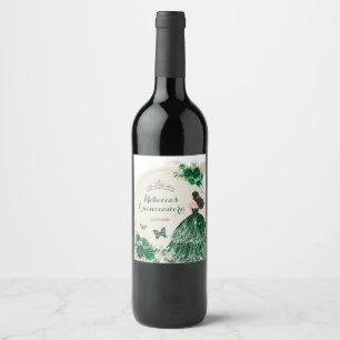 Boho Emerald Green Roses Princesa Quinceañera Wine Label