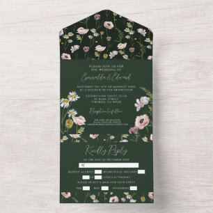 Boho Emerald Green Wild Flower Botanical Wedding All In One Invitation