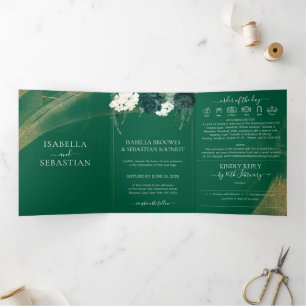 Boho Emerald Rose Complete Wedding Tri-Fold Invita Invitation