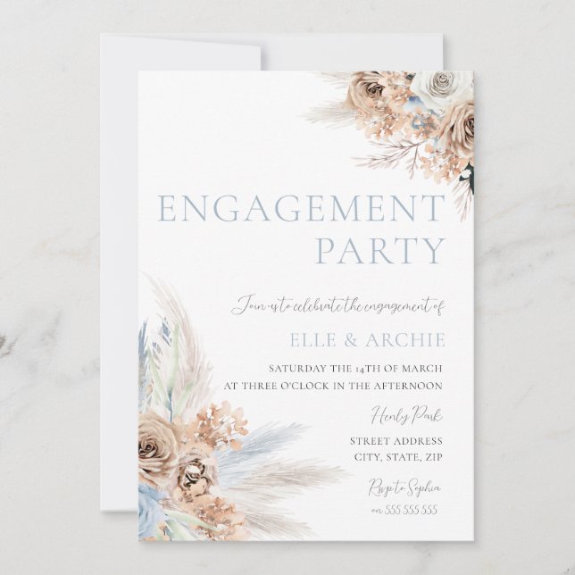Boho Engagement Party Dusty Blue & Ivory Floral Invitation (Front)