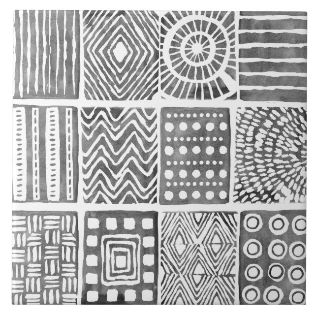 Boho Ethnic Ceramic Tile – Black & White Ornament (Front)