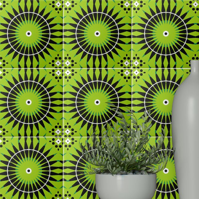 Boho Ethnic Lime Green Black Geometric Pattern Ceramic Tile (Creator Uploaded)