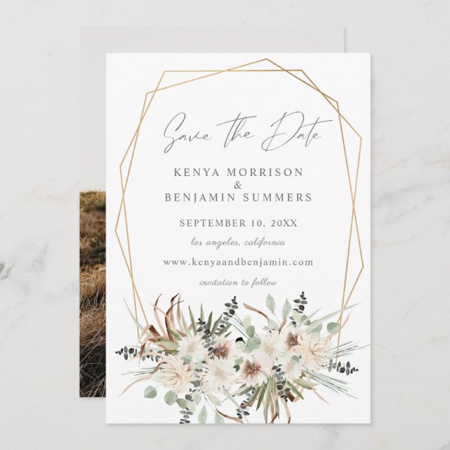 Boho Eucalyptus & Beige Floral Save the Date Photo Invitation (Front/Back)