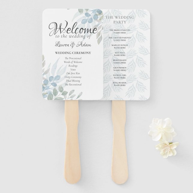 Boho Eucalyptus Dusty Blue Wedding Program Hand Fan (Front and Back)
