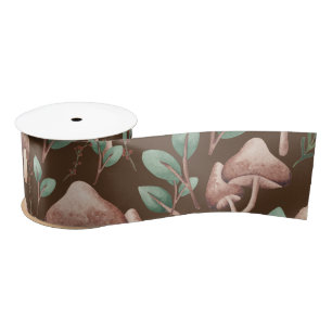 Boho Eucalyptus Forest Mushrooms Dark Brown Satin Ribbon
