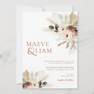 Boho Eucalyptus Green Flowers Pampas Wedding Invitation