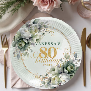 Boho Eucalyptus Green Gold 80th Birthday Event Paper Plate