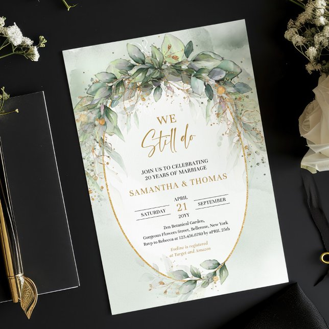 Boho eucalyptus green gold We still do invitation (Boho watercolor eucalyptus gold frame we still do invitation downloadable)