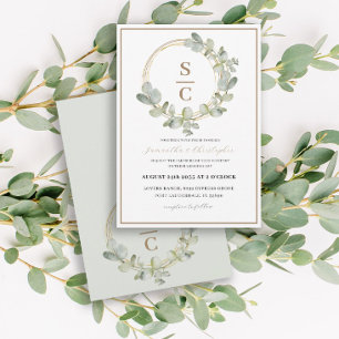 Boho Eucalyptus Green & Gold  Wreath Wedding  Invitation