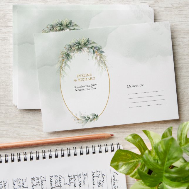 Boho Eucalyptus greenery branches faux gold frame Envelope (Stacked)