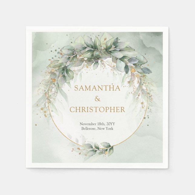 Boho Eucalyptus greenery branches faux gold frame Napkin (Front)