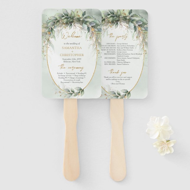 Boho Eucalyptus greenery branches gold program Hand Fan (Front and Back)