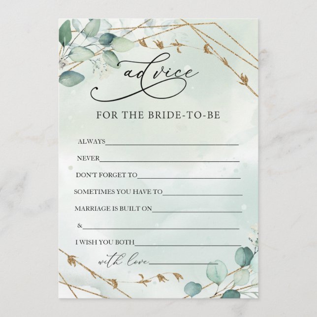 Boho Eucalyptus Greenery Foliage Faux Gold Frame Advice Card (Front)