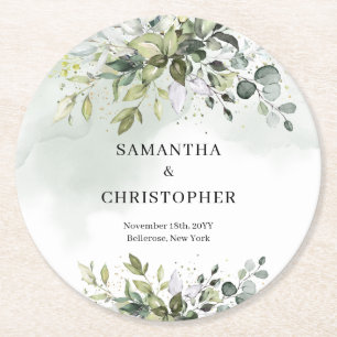 Boho eucalyptus greenery foliage wreath gold round paper coaster