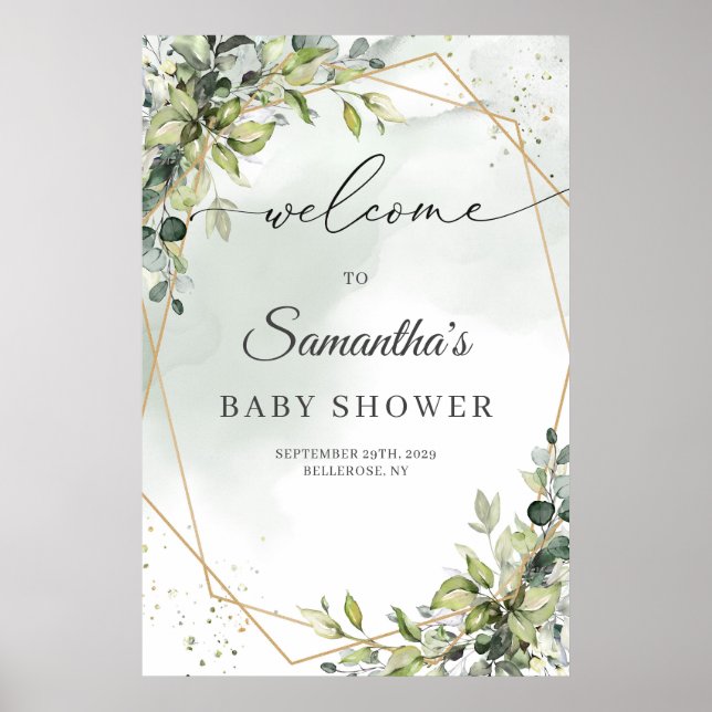 Boho eucalyptus greenery gold Baby Shower welcome Poster (Front)