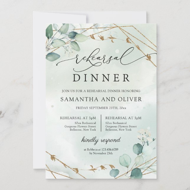 Boho Eucalyptus Greenery GOld Geometric Rehearsal Invitation (Front)