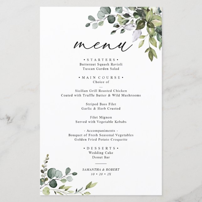 Boho Eucalyptus Greenery Simple Wedding Menu (Back)