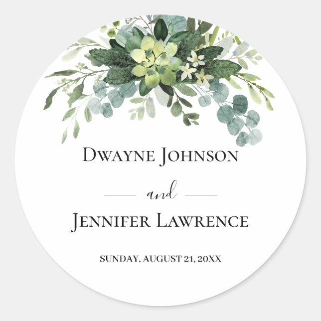 Boho Eucalyptus Greenery Summer Wedding Classic Round Sticker (Front)