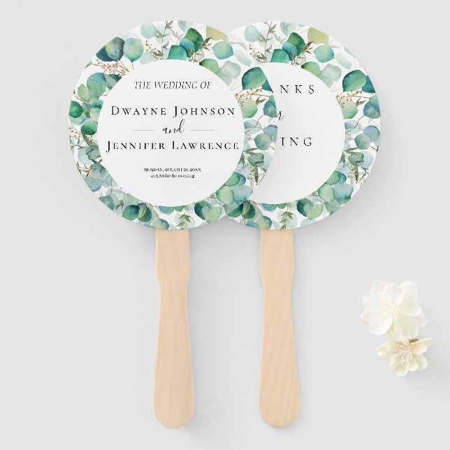 Boho Eucalyptus Greenery Summer Wedding Hand Fan (Front and Back)