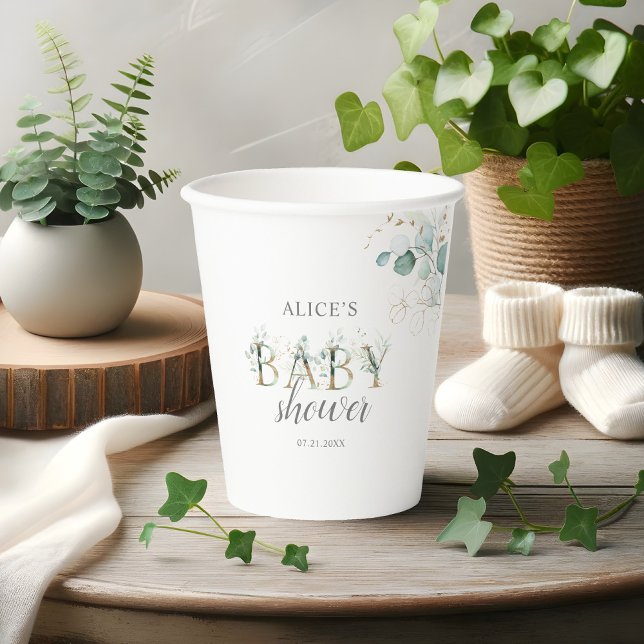 Boho Eucalyptus Leaves Baby Shower Paper Cups (Creator Uploaded)