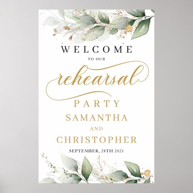 Boho Eucalyptus Leaves Gold Rehearsal Welcome Sign (Front)