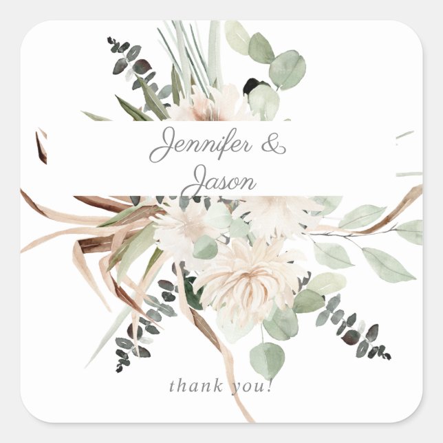 Boho Eucalyptus Palm & Beige Floral Thank You Square Sticker (Front)