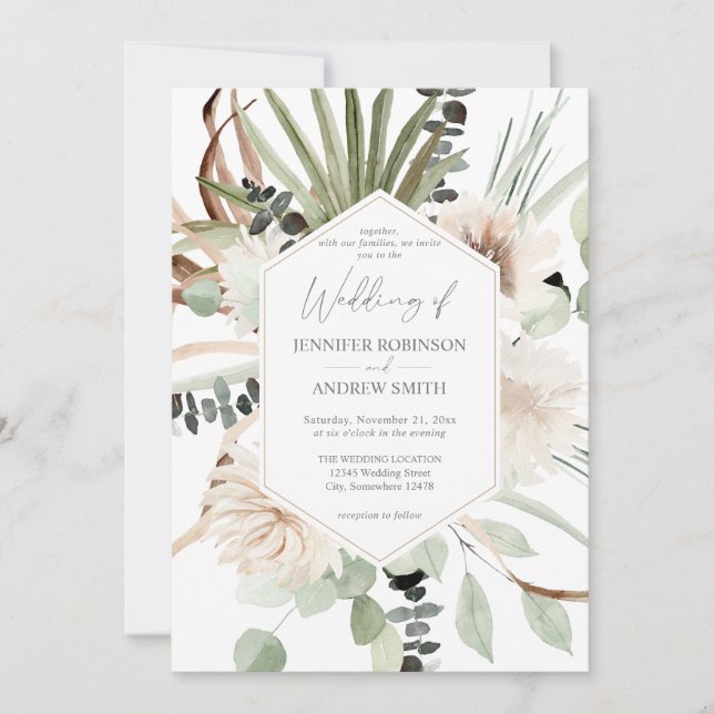 Boho Eucalyptus Palm Leaf & Beige Floral Wedding Invitation (Front)