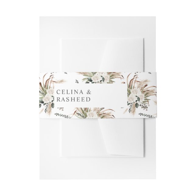 Boho Eucalyptus Pampas & Beige Floral Invitation B Invitation Belly Band (Front Example)