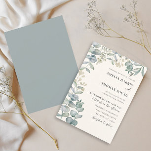 Boho Eucalyptus Watercolor Blue & Beige Wedding Invitation