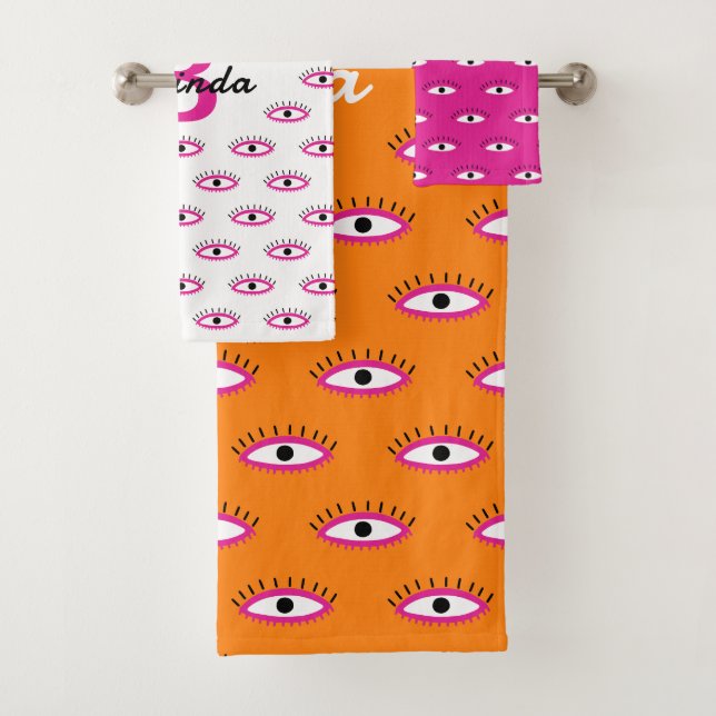BOHO Evil Eye Pattern Burnt Orange Monogram Name Bath Towel Set (Insitu)