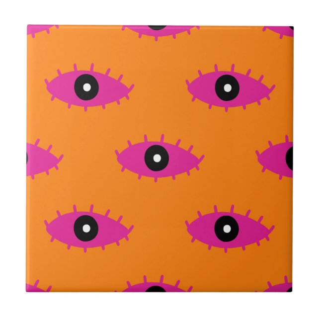 BOHO Evil Eye Pattern Burnt Orange& Pink Retro Ceramic Tile (Front)