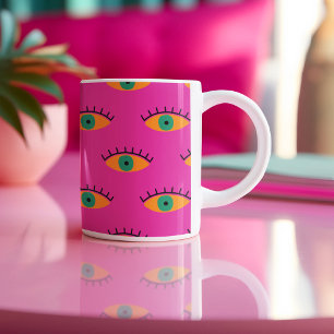 BOHO Evil Eye Pattern Funky Fuchsia Two-Tone Coffee Mug