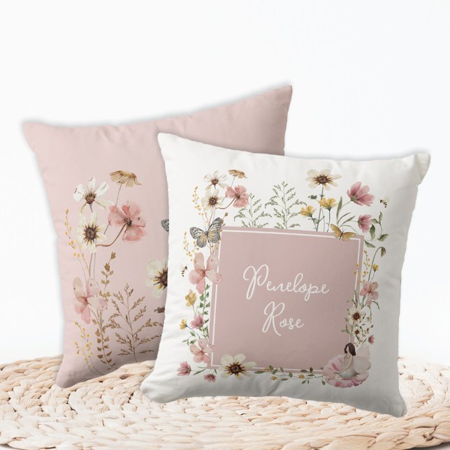 Boho Fairy Blush Wildflower Girl Nursery Monogram Cushion (Creator Uploaded)