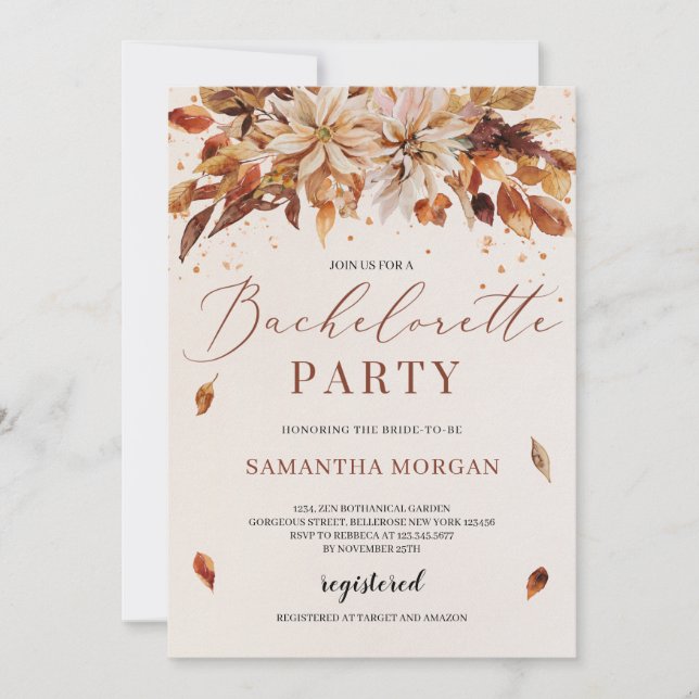 Boho fall and autumn flowers bachelorette party invitation (Front)