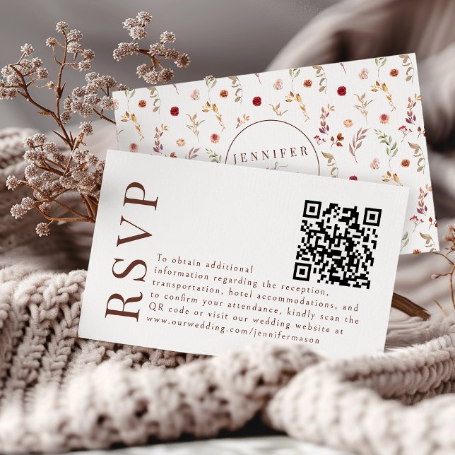 Boho Fall Autumn Floral Wedding RSVP QR code cards (Creator Uploaded)
