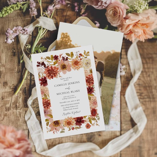Boho Fall Botanical Wedding Photo Invitation (Rustic Botanical Fall Photo Wedding invite)
