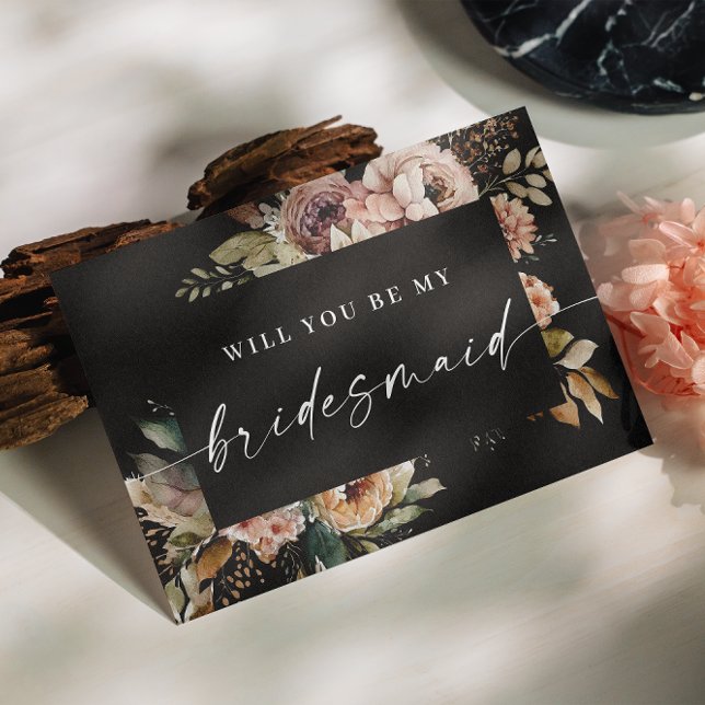 Boho Fall Bridesmaid Proposal. Black Autumn Floral Postcard (Creator Uploaded)