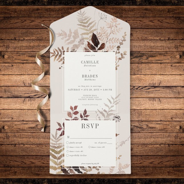 Boho Fall Brown Botanical Wedding Dinner All In One Invitation (Modern Autumn Brown Ferns & Leaves Dinner All In One Invitation)