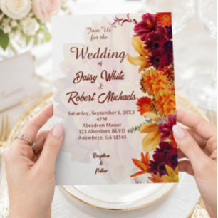 Boho Fall Burgundy, Burnt Orange & Golden floral  Invitation