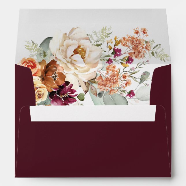 Boho Fall Burgundy Floral Return Address Envelope (Back (Bottom))